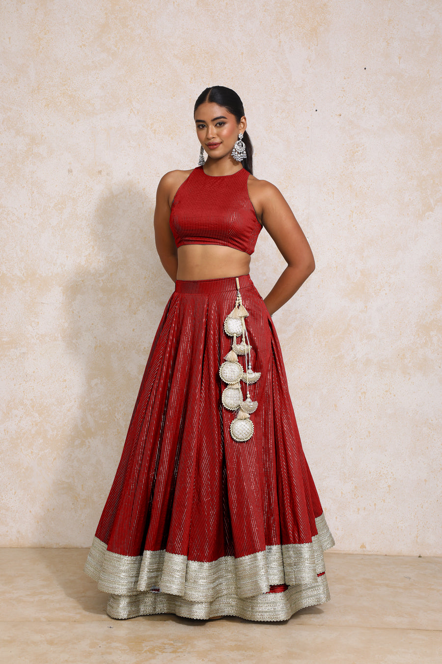 Kimaya x Tyohaar Lehenga Set, in Red 100% Cotton & Lurex, featuring sleeveless and halter neckline, made for party & festive.