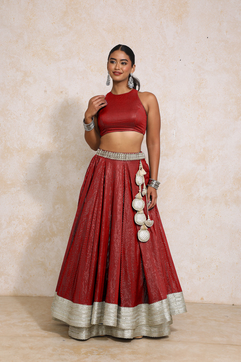 Kimaya x Tyohaar | Red Silver Stripe Cotton FlareFit™ Lehenga Set with Dupatta-Binks