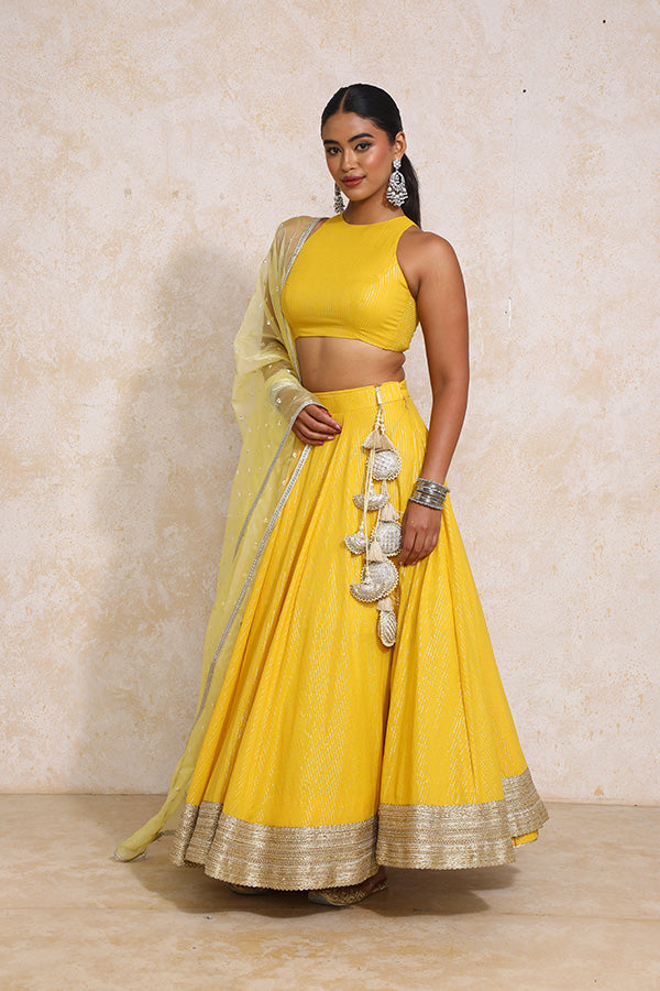 Kimaya x Tyohaar | Turmeric Yellow Silver Stripe Cotton FlareFit™ Lehenga Set with Dupatta-Binks