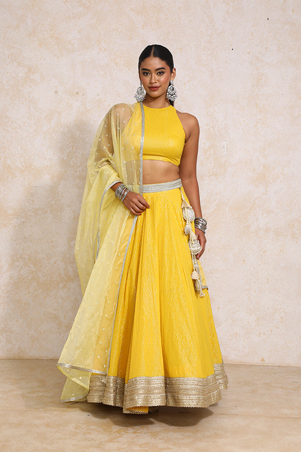 Kimaya x Tyohaar | Turmeric Yellow Silver Stripe Cotton FlareFit™ Lehenga Set with Dupatta-Binks