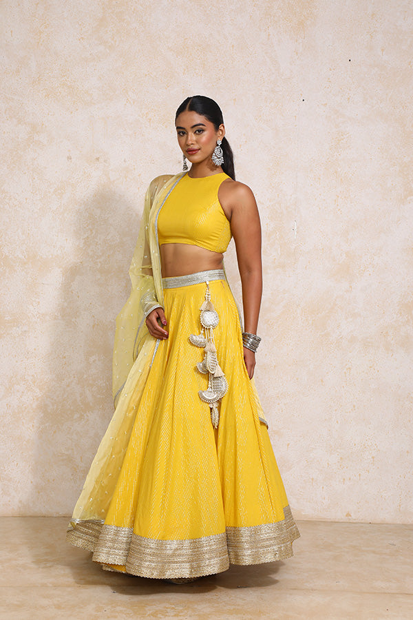 Kimaya x Tyohaar | Turmeric Yellow Silver Stripe Cotton FlareFit™ Lehenga Set with Dupatta-Binks