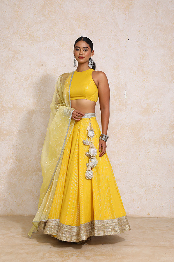 Kimaya x Tyohaar | Turmeric Yellow Silver Stripe Cotton FlareFit™ Lehenga Set with Dupatta-Binks