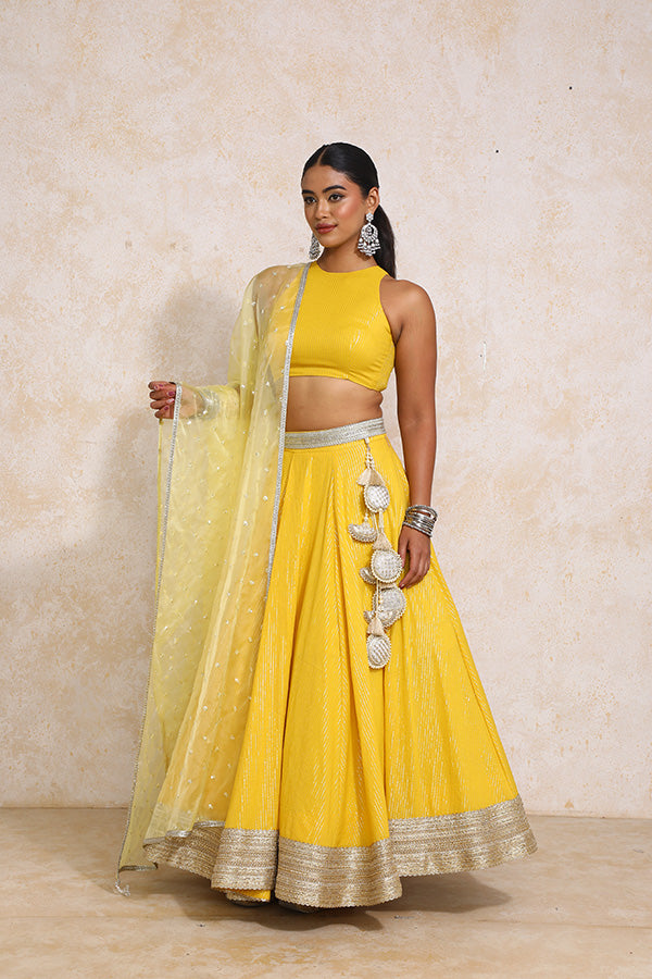 Kimaya x Tyohaar | Turmeric Yellow Silver Stripe Cotton FlareFit™ Lehenga Set with Dupatta-Binks
