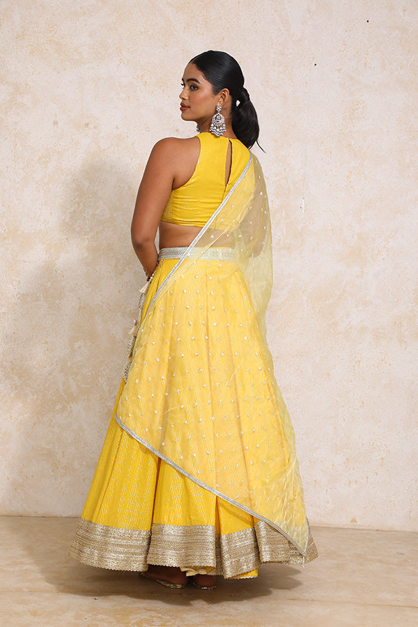 Kimaya x Tyohaar | Turmeric Yellow Silver Stripe Cotton FlareFit™ Lehenga Set with Dupatta-Binks