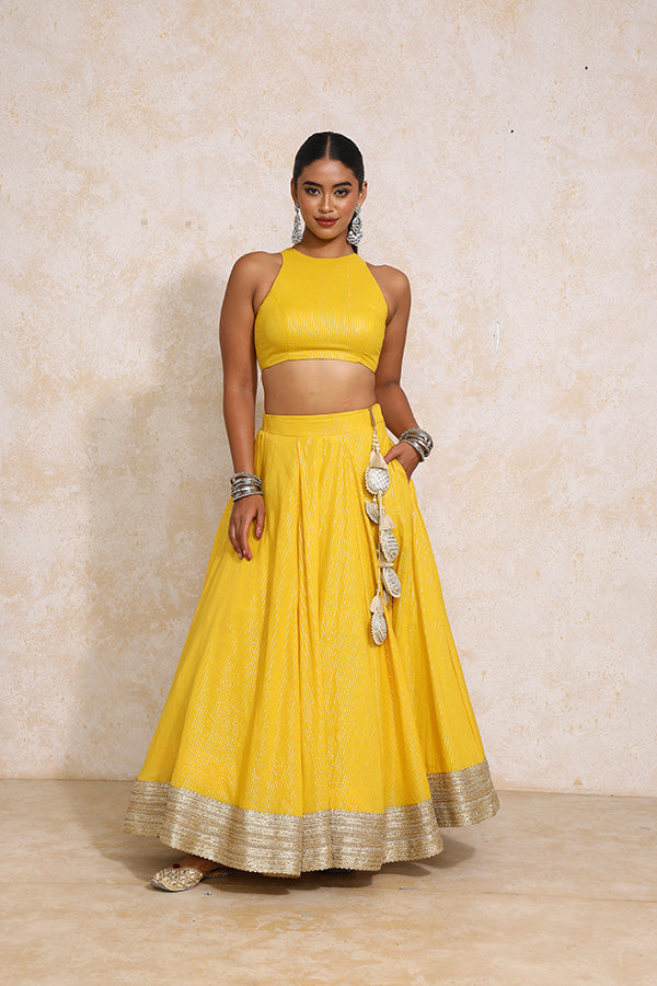 Kimaya x Tyohaar | Turmeric Yellow Silver Stripe Cotton FlareFit™ Lehenga Set with Dupatta-Binks