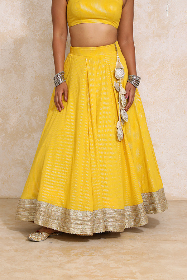 Kimaya x Tyohaar | Turmeric Yellow Silver Stripe Cotton FlareFit™ Lehenga Set with Dupatta-Binks