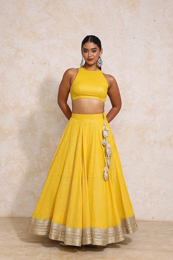 Kimaya x Tyohaar | Turmeric Yellow Silver Stripe Cotton FlareFit™ Lehenga Set with Dupatta-Binks