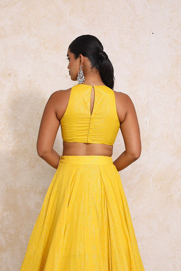 Kimaya x Tyohaar | Turmeric Yellow Silver Stripe Cotton FlareFit™ Lehenga Set with Dupatta-Binks
