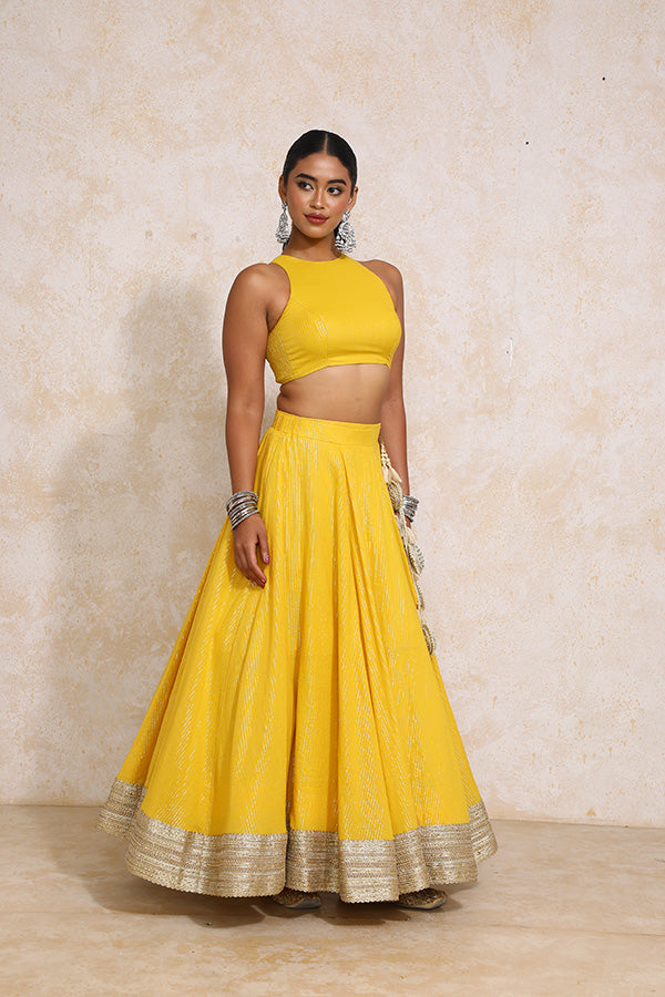 Kimaya x Tyohaar | Turmeric Yellow Silver Stripe Cotton FlareFit™ Lehenga Set with Dupatta-Binks