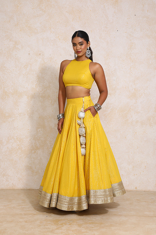 Kimaya x Tyohaar | Turmeric Yellow Silver Stripe Cotton FlareFit™ Lehenga Set with Dupatta-Binks