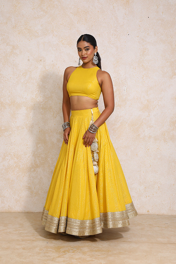 Kimaya x Tyohaar | Turmeric Yellow Silver Stripe Cotton FlareFit™ Lehenga Set with Dupatta-Binks