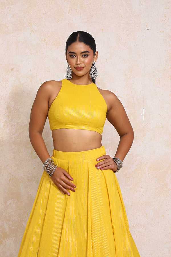Kimaya x Tyohaar | Turmeric Yellow Silver Stripe Cotton FlareFit™ Lehenga Set with Dupatta-Binks
