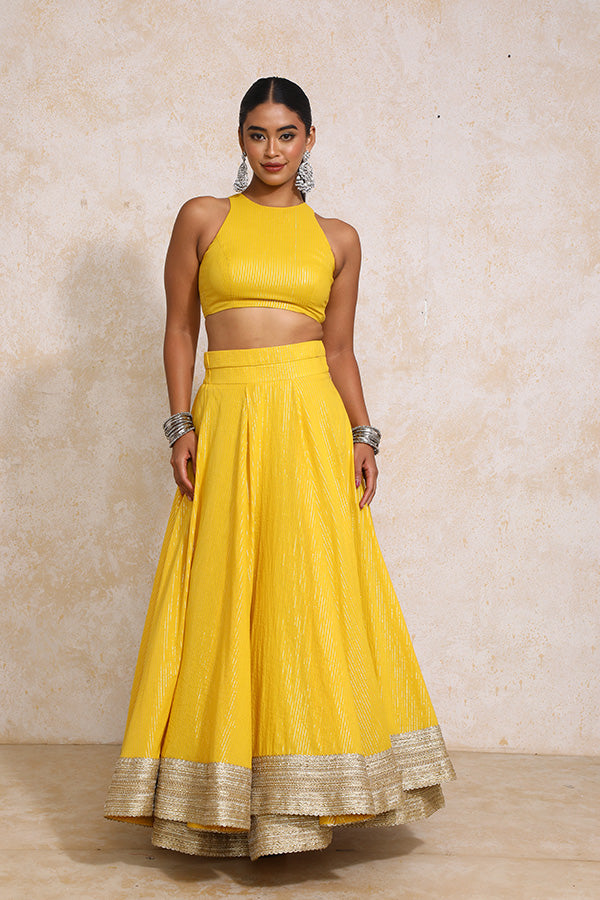 Kimaya x Tyohaar | Turmeric Yellow Silver Stripe Cotton FlareFit™ Lehenga Set with Dupatta-Binks
