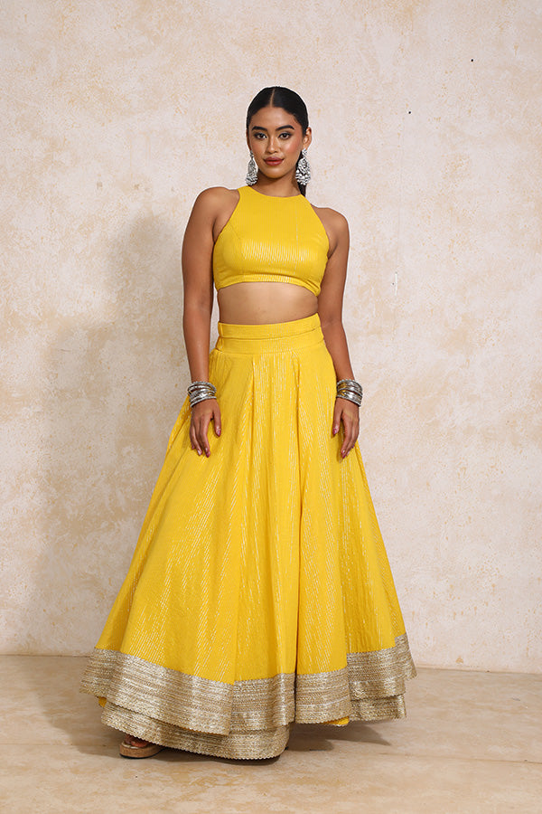 Kimaya x Tyohaar | Turmeric Yellow Silver Stripe Cotton FlareFit™ Lehenga Set with Dupatta-Binks