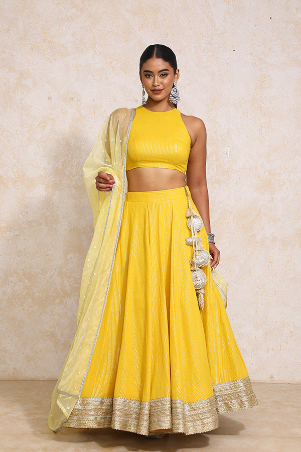 Kimaya x Tyohaar | Turmeric Yellow Silver Stripe Cotton FlareFit™ Lehenga Set with Dupatta-Binks