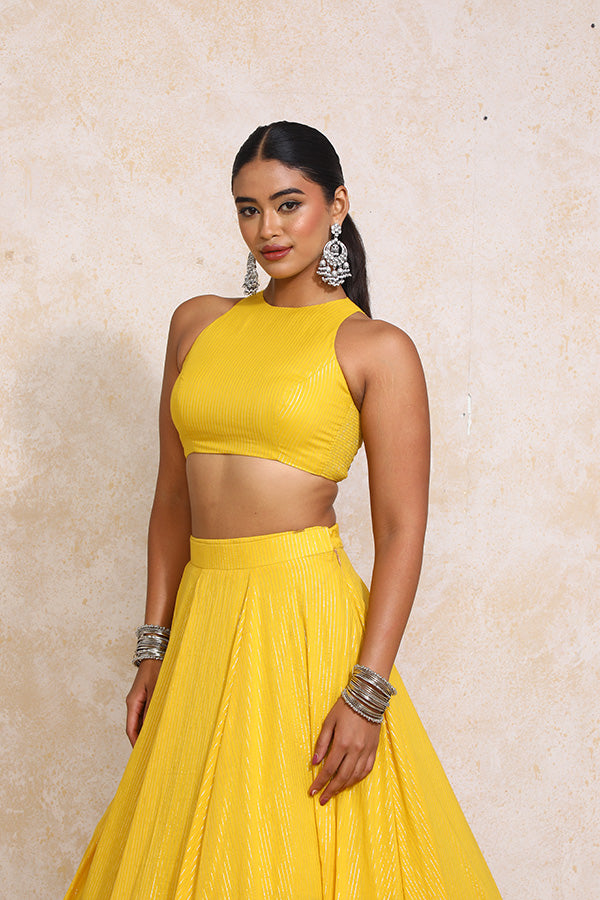 Kimaya x Tyohaar | Turmeric Yellow Silver Stripe Cotton FlareFit™ Lehenga Set with Dupatta-Binks