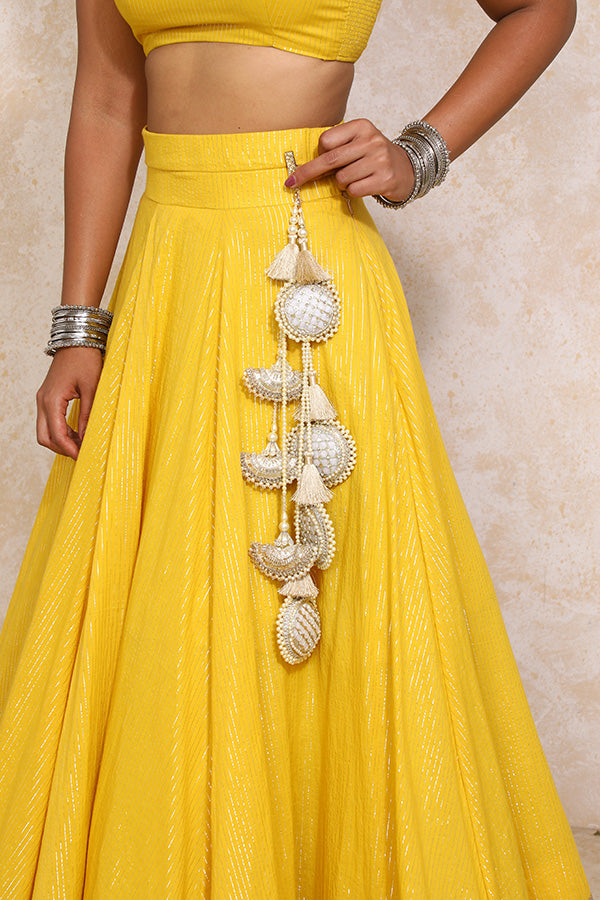Kimaya x Tyohaar | Turmeric Yellow Silver Stripe Cotton FlareFit™ Lehenga Set with Dupatta-Binks