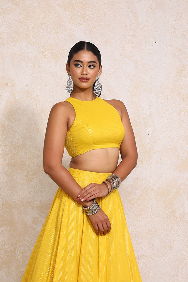 Kimaya x Tyohaar | Turmeric Yellow Silver Stripe Cotton FlareFit™ Lehenga Set with Dupatta-Binks