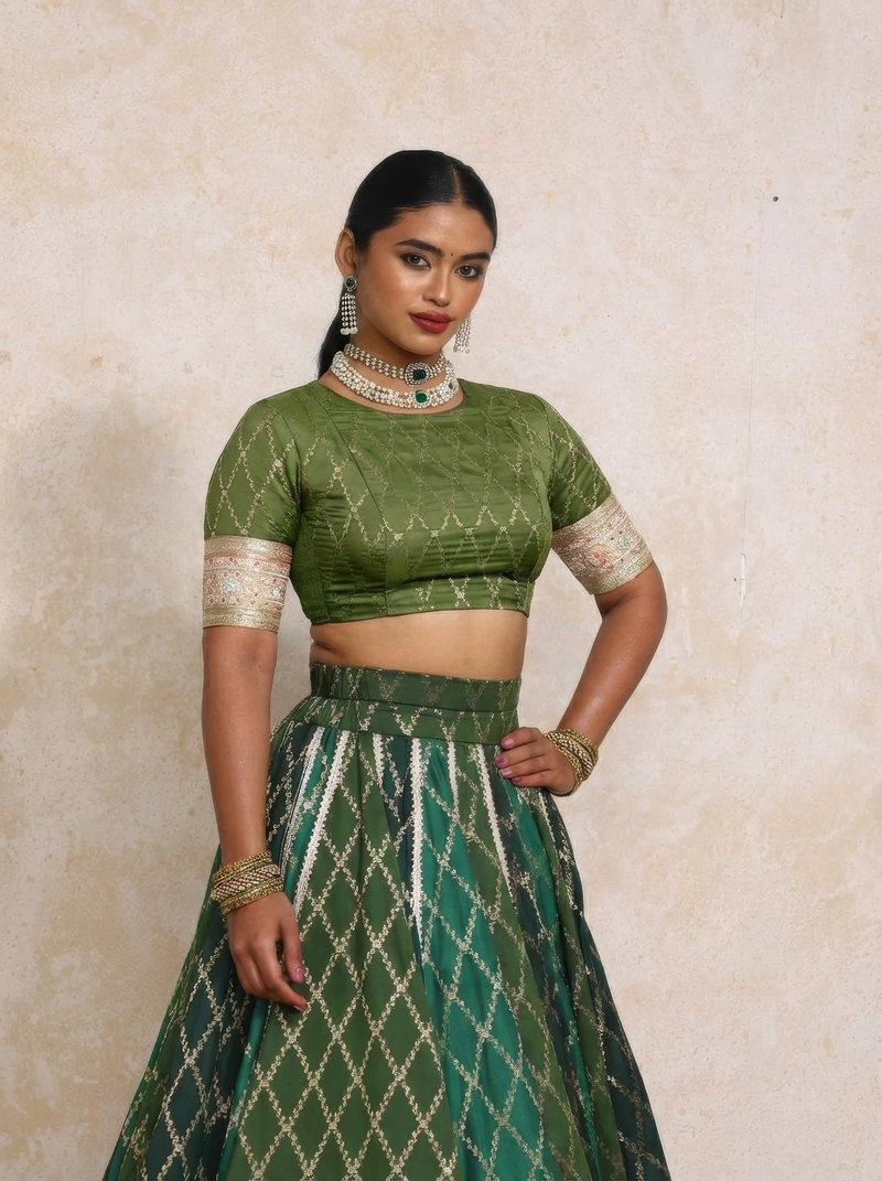 Mabiha x Tyohaar | Green Vine Mesh Brocade FlareFit™ Lehenga Set with Dupatta-Binks