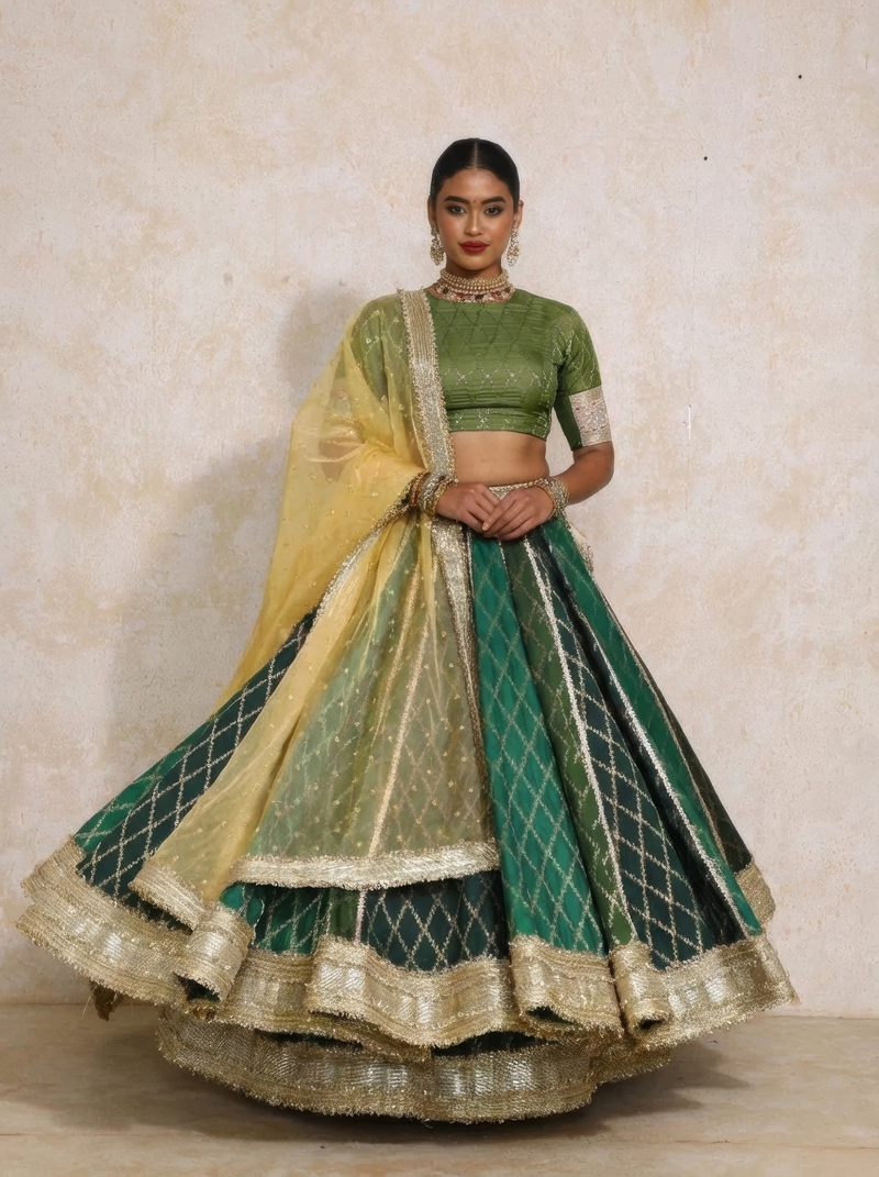 Mabiha x Tyohaar | Green Vine Mesh Brocade FlareFit™ Lehenga Set with Dupatta-Binks
