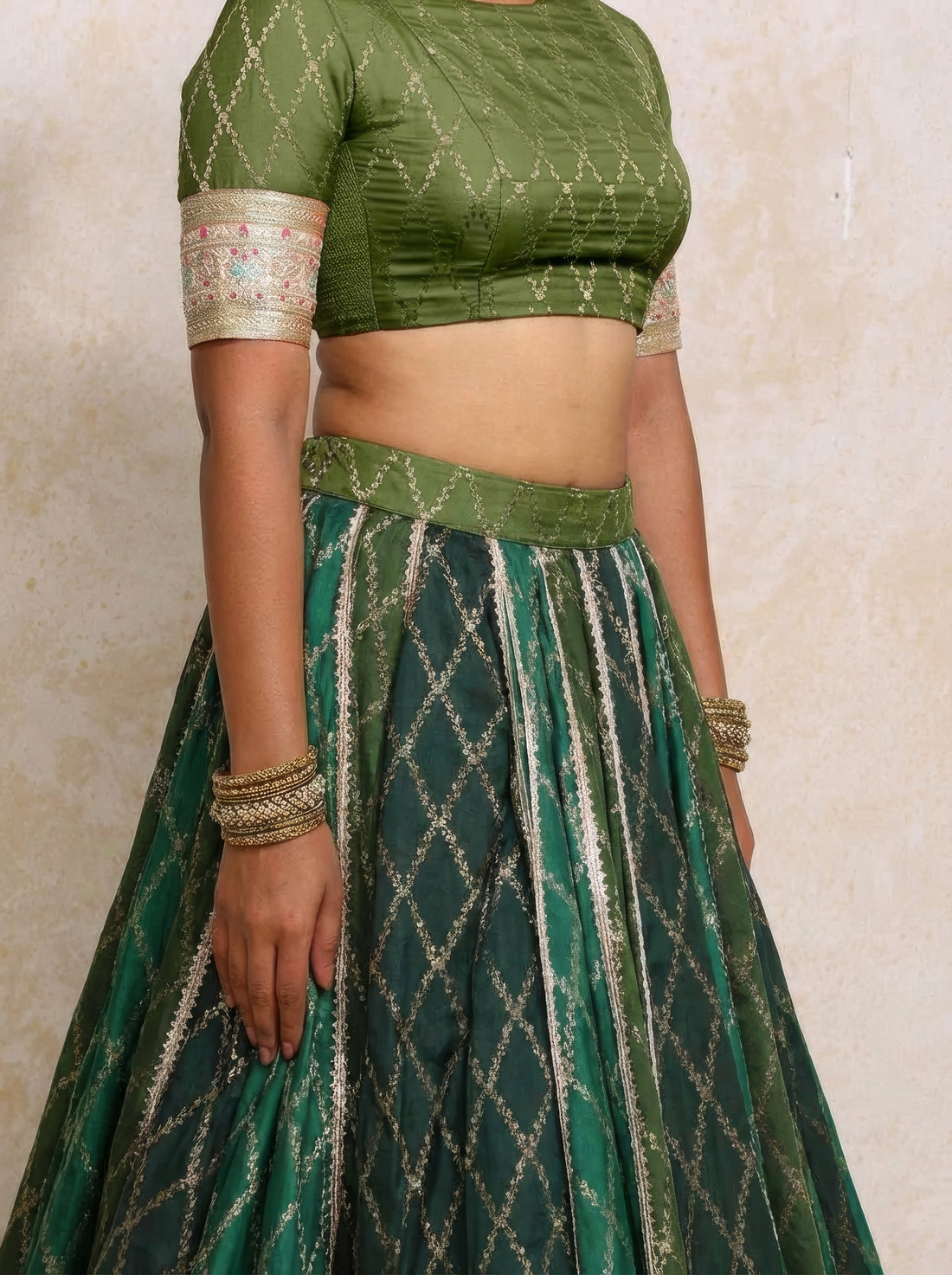 Mabiha x Tyohaar Lehenga Set, in Green Viscose Silk Brocade, featuring elbow sleeves and v-neckline (view 3).