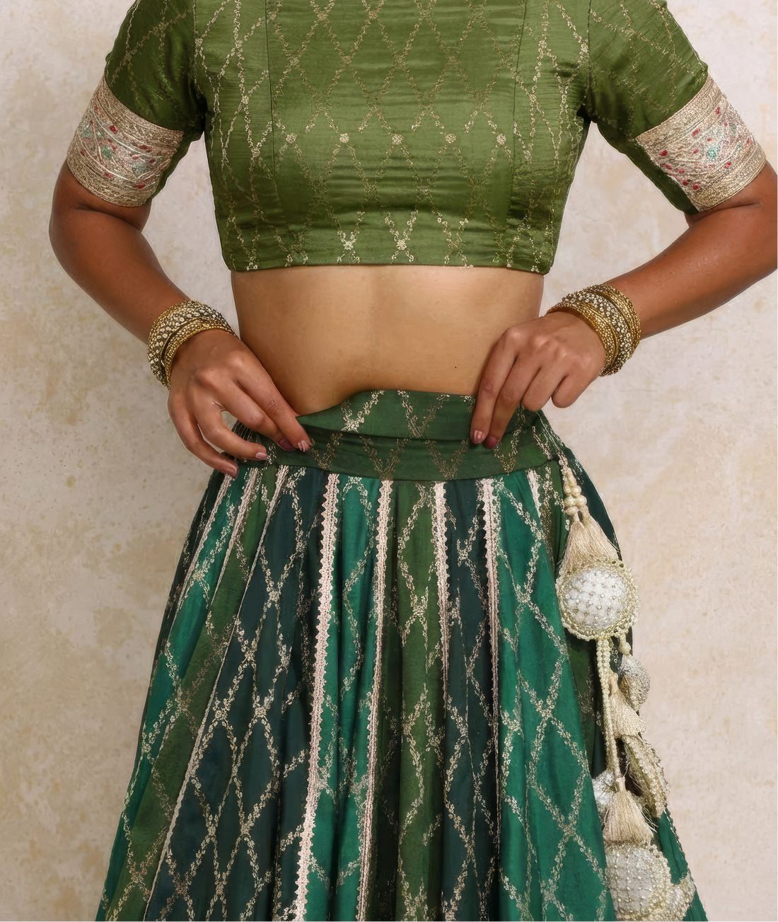 Mabiha x Tyohaar Lehenga Set, in Green Viscose Silk Brocade, featuring elbow sleeves and v-neckline (view 4).