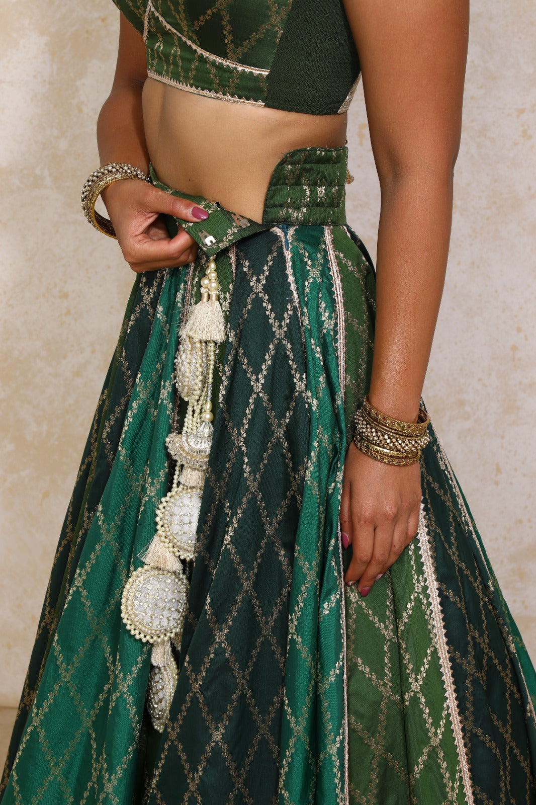 Mabiha x Tyohaar Lehenga Set, in Green Viscose Silk Brocade, featuring elbow sleeves and v-neckline (view 5).