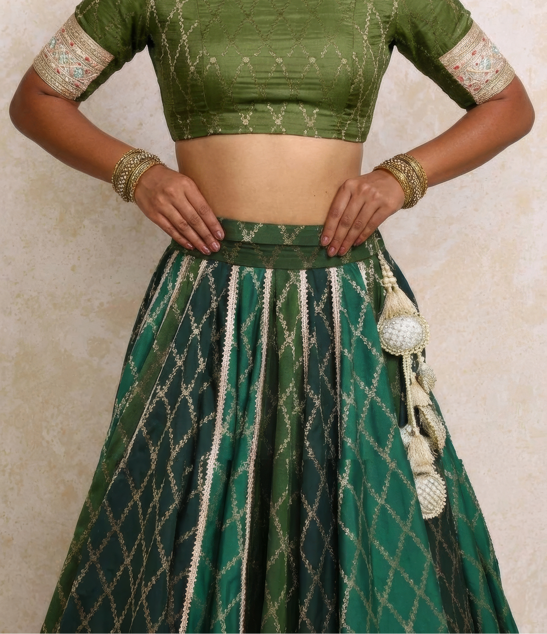 Mabiha x Tyohaar Lehenga Set, in Green Viscose Silk Brocade, featuring elbow sleeves and v-neckline (view 6).