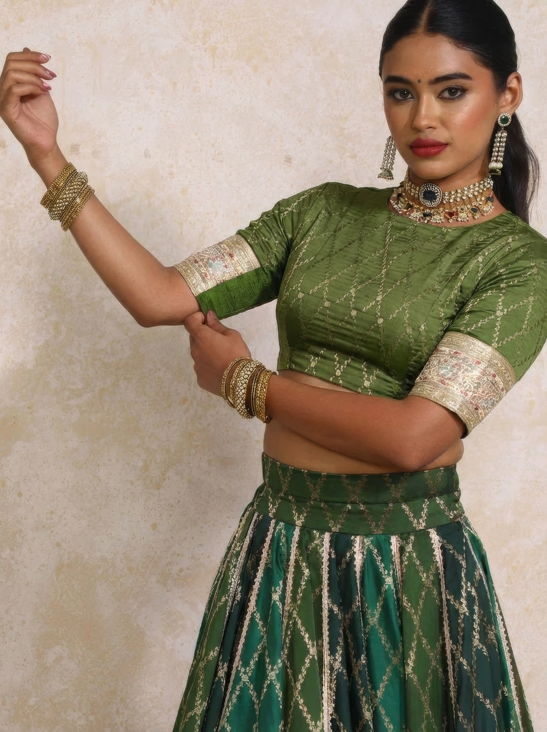 Mabiha x Tyohaar Lehenga Set, in Green Viscose Silk Brocade, featuring elbow sleeves and v-neckline (view 8).
