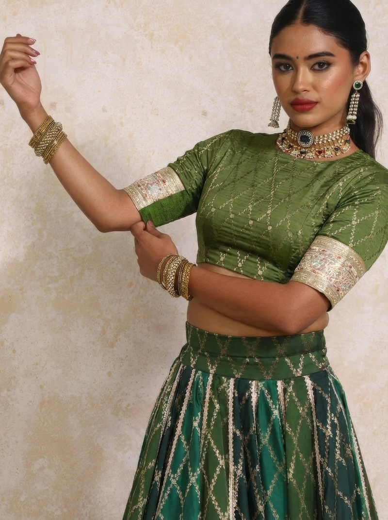 Mabiha x Tyohaar | Green Vine Mesh Brocade FlareFit™ Lehenga Set with Dupatta-Binks