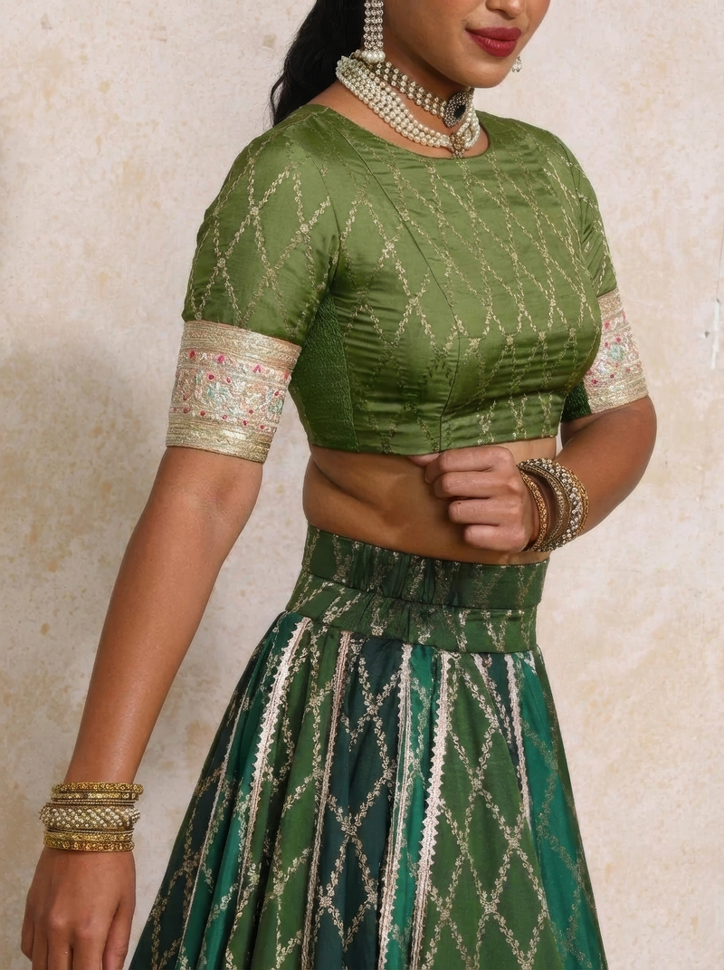 Mabiha x Tyohaar | Green Vine Mesh Brocade FlareFit™ Lehenga Set with Dupatta-Binks