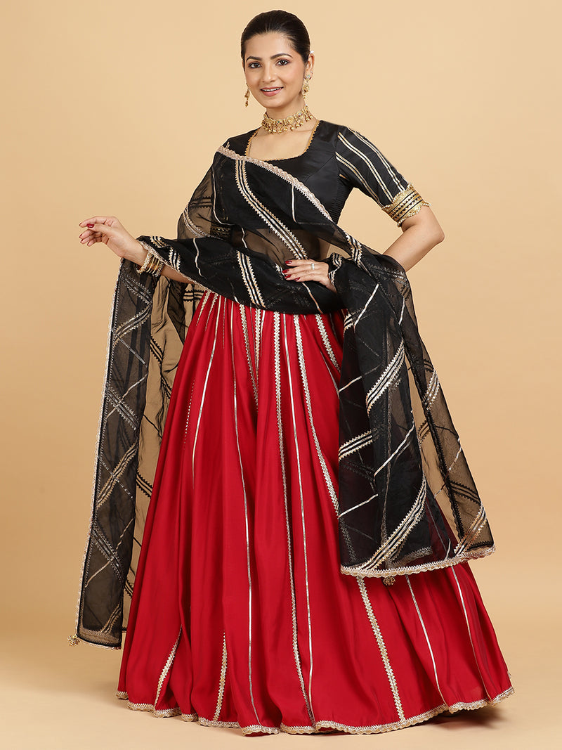 Madhuri Aziza 4-Pc Lehenga Set x Tyohaar | Red Lehenga, Charcoal Black Blouse with Chandni Black Dupatta and Cancan Skirt-Binks