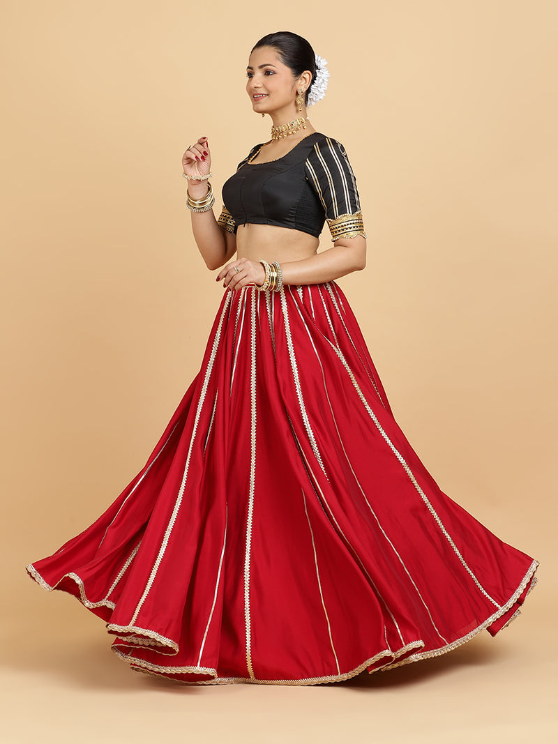 Madhuri Aziza 4-Pc Lehenga Set x Tyohaar | Red Lehenga, Charcoal Black Blouse with Chandni Black Dupatta and Cancan Skirt-Binks