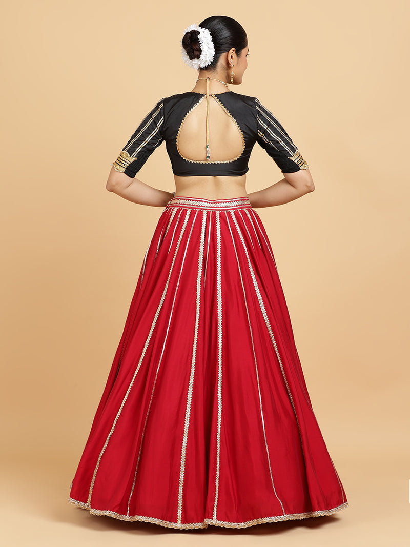 Madhuri Aziza 4-Pc Lehenga Set x Tyohaar | Red Lehenga, Charcoal Black Blouse with Chandni Black Dupatta and Cancan Skirt-Binks