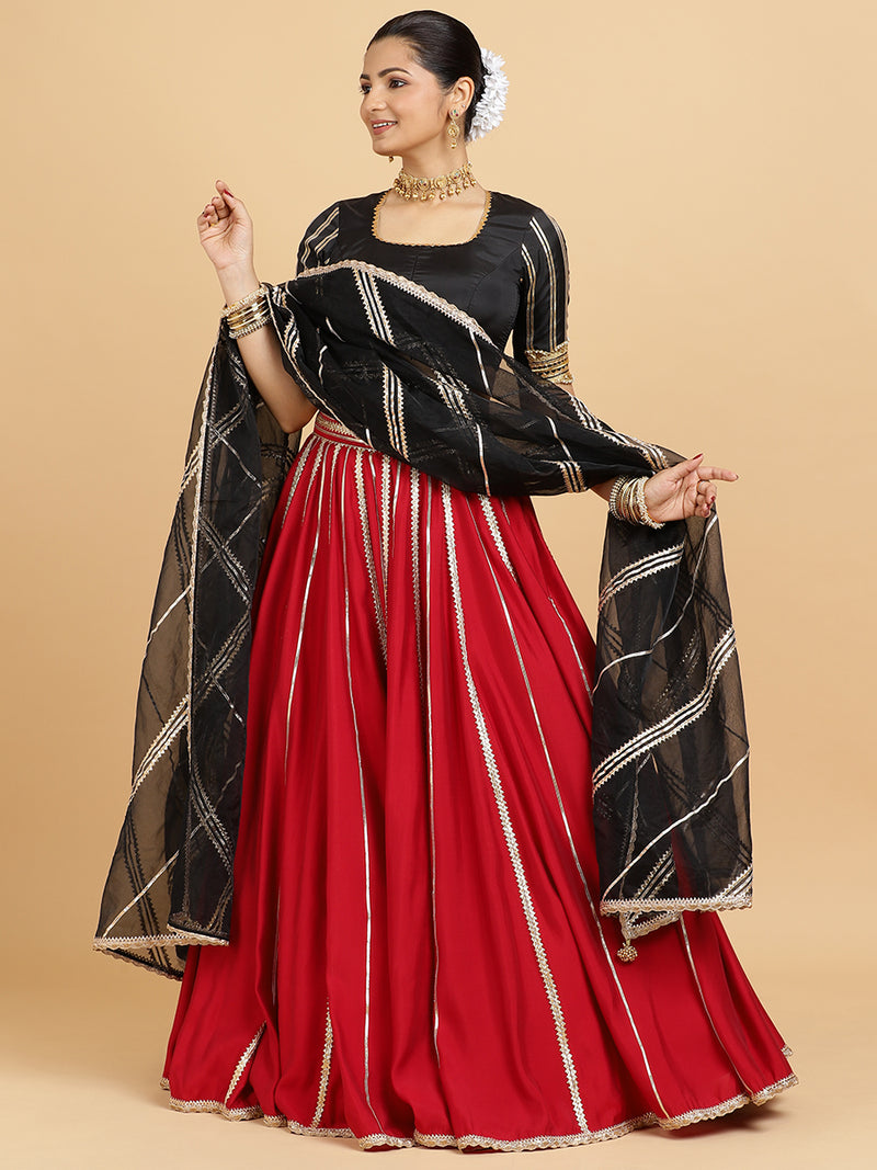Madhuri Aziza 4-Pc Lehenga Set x Tyohaar | Red Lehenga, Charcoal Black Blouse with Chandni Black Dupatta and Cancan Skirt-Binks