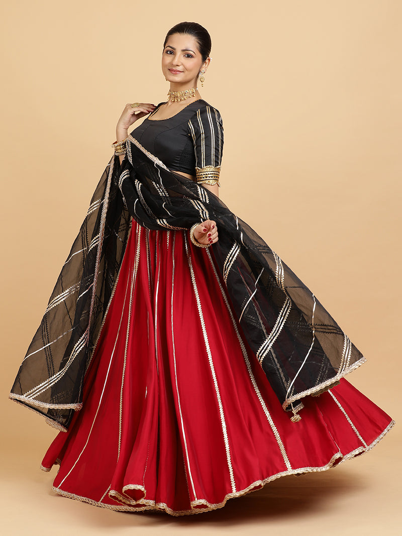 Madhuri Aziza 4-Pc Lehenga Set x Tyohaar | Red Lehenga, Charcoal Black Blouse with Chandni Black Dupatta and Cancan Skirt-Binks