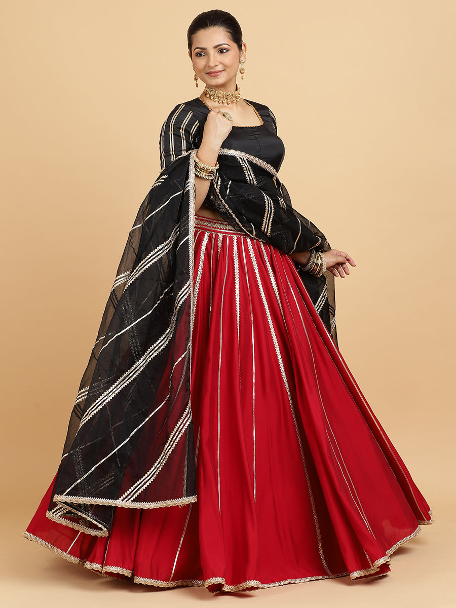 Madhuri Aziza 4-Pc Lehenga Set x Tyohaar, in Red, featuring elbow sleeves and square neckline, made for party & festive.
