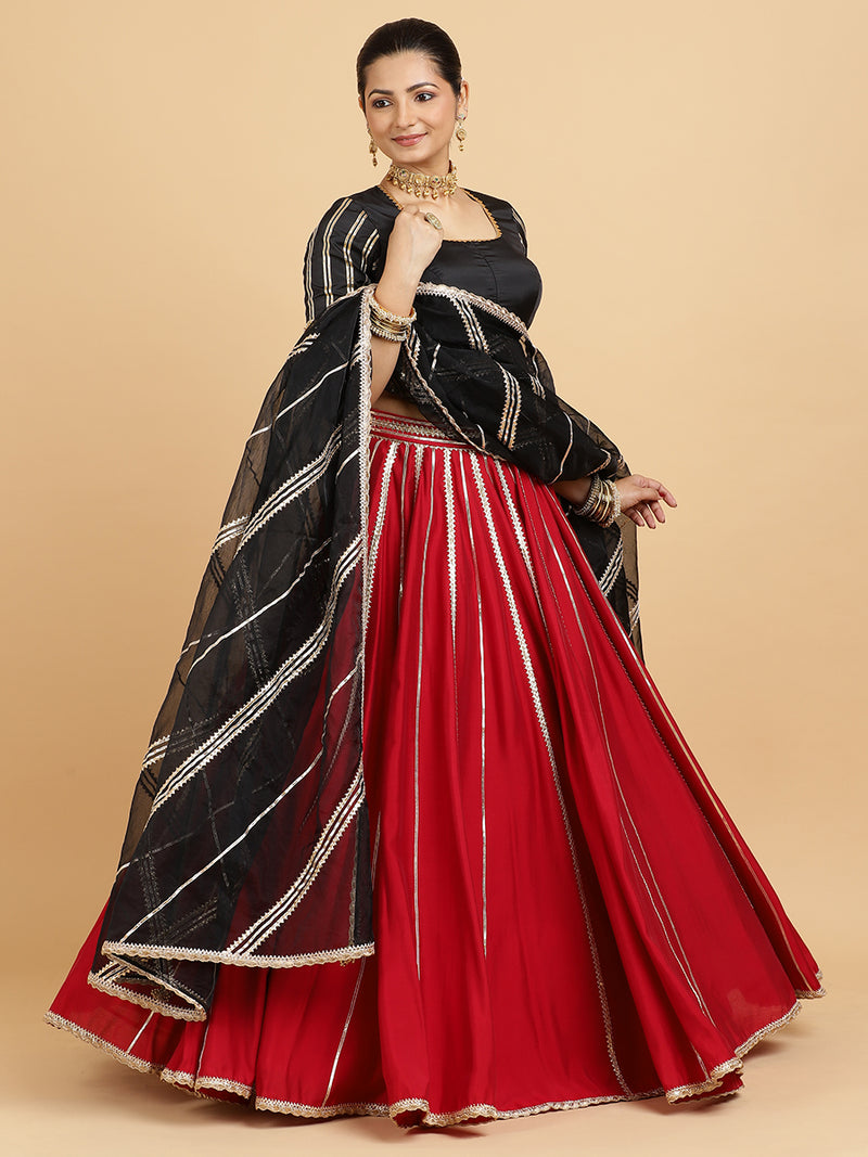 Madhuri Aziza 4-Pc Lehenga Set x Tyohaar | Red Lehenga, Charcoal Black Blouse with Chandni Black Dupatta and Cancan Skirt-Binks