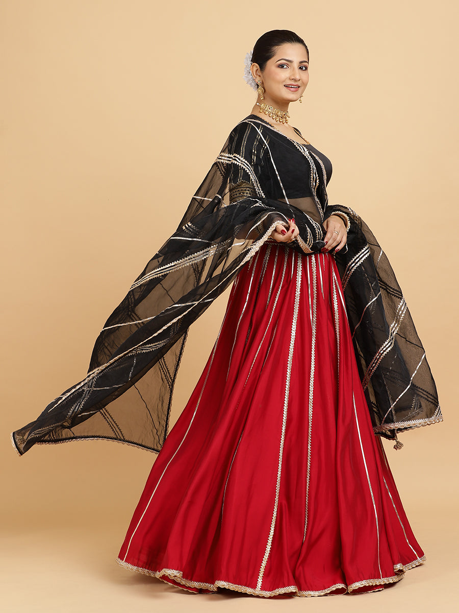 Madhuri Aziza 4-Pc Lehenga Set x Tyohaar, in Red, featuring elbow sleeves and square neckline, made for party & festive.