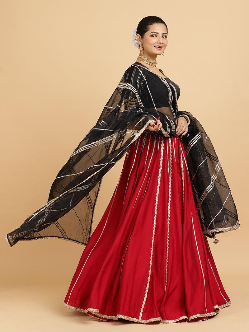 Madhuri Aziza 4-Pc Lehenga Set x Tyohaar | Red Lehenga, Charcoal Black Blouse with Chandni Black Dupatta and Cancan Skirt-Binks