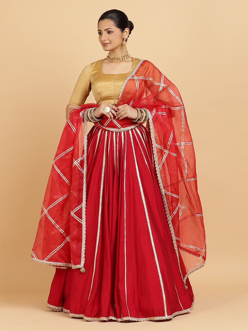 Madhuri Aziza 4-Pc Lehenga Set x Tyohaar | Red Lehenga, Gold Blouse with Leela Red Dupatta and Cancan Skirt-Binks