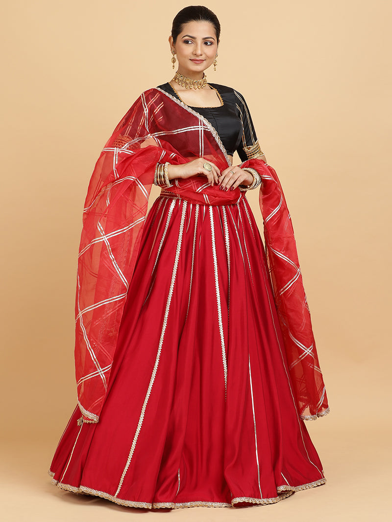 Madhuri Aziza 4-Pc Lehenga Set x Tyohaar | Red Lehenga, Charcoal Black Blouse with Leela Red Dupatta and Cancan Skirt-Binks