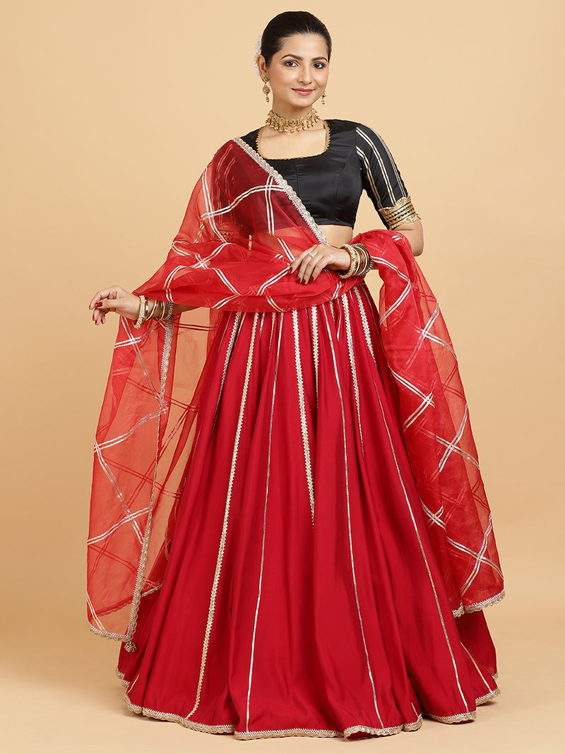 Madhuri Aziza 4-Pc Lehenga Set x Tyohaar | Red Lehenga, Charcoal Black Blouse with Leela Red Dupatta and Cancan Skirt-Binks