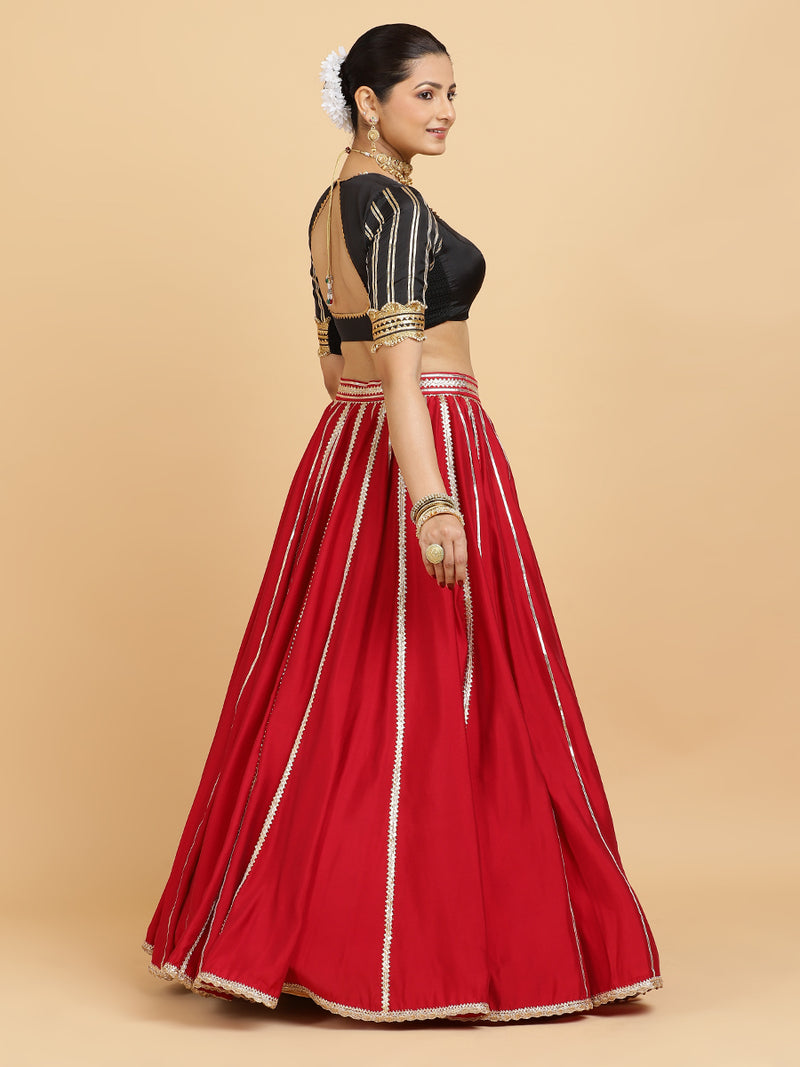Madhuri Aziza 4-Pc Lehenga Set x Tyohaar | Red Lehenga, Charcoal Black Blouse with Leela Red Dupatta and Cancan Skirt-Binks