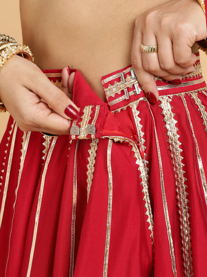 Madhuri Aziza 4-Pc Lehenga Set x Tyohaar | Red Lehenga, Charcoal Black Blouse with Leela Red Dupatta and Cancan Skirt-Binks