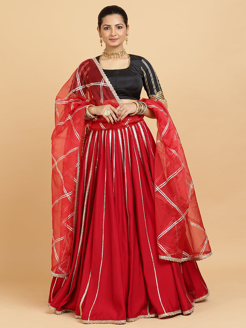 Madhuri Aziza 4-Pc Lehenga Set x Tyohaar | Red Lehenga, Charcoal Black Blouse with Leela Red Dupatta and Cancan Skirt-Binks