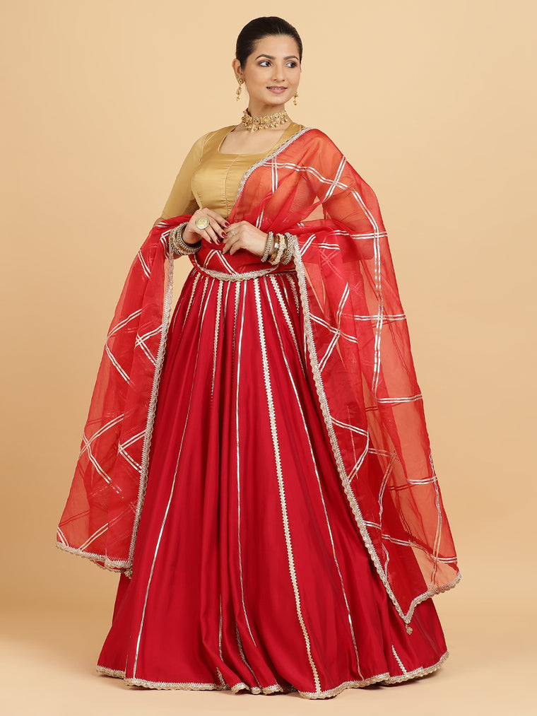 Madhuri Aziza 4-Pc Lehenga Set x Tyohaar, in Red, featuring elbow sleeves and square neckline, made for party & festive.