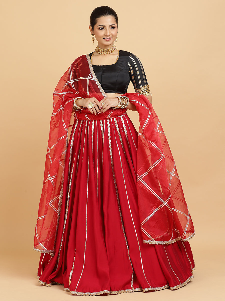 Madhuri Aziza 4-Pc Lehenga Set x Tyohaar, in Red, featuring elbow sleeves and square neckline, made for party & festive.