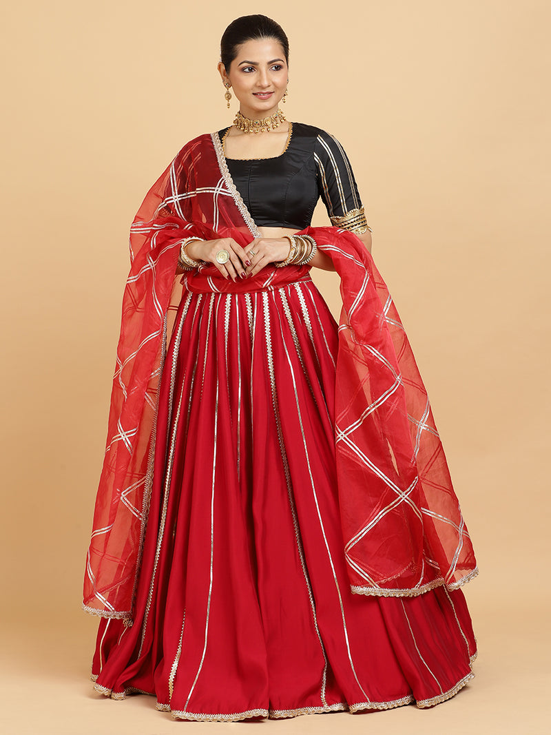 Madhuri Aziza 4-Pc Lehenga Set x Tyohaar | Red Lehenga, Charcoal Black Blouse with Leela Red Dupatta and Cancan Skirt-Binks