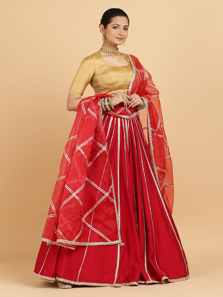 Madhuri Aziza 4-Pc Lehenga Set x Tyohaar, in Red, featuring elbow sleeves and square neckline, made for party & festive.